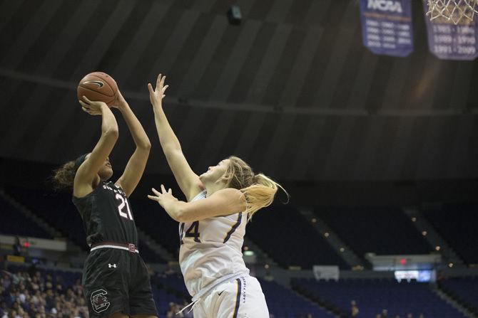 LSU sophomore forward Tatum Neubert (44) attempts to block a shot during the Tigers' 84-61 loss to the University of South Carolina on Sunday, Jan. 15, 2017 in the Pete Maravich Assembly Center.