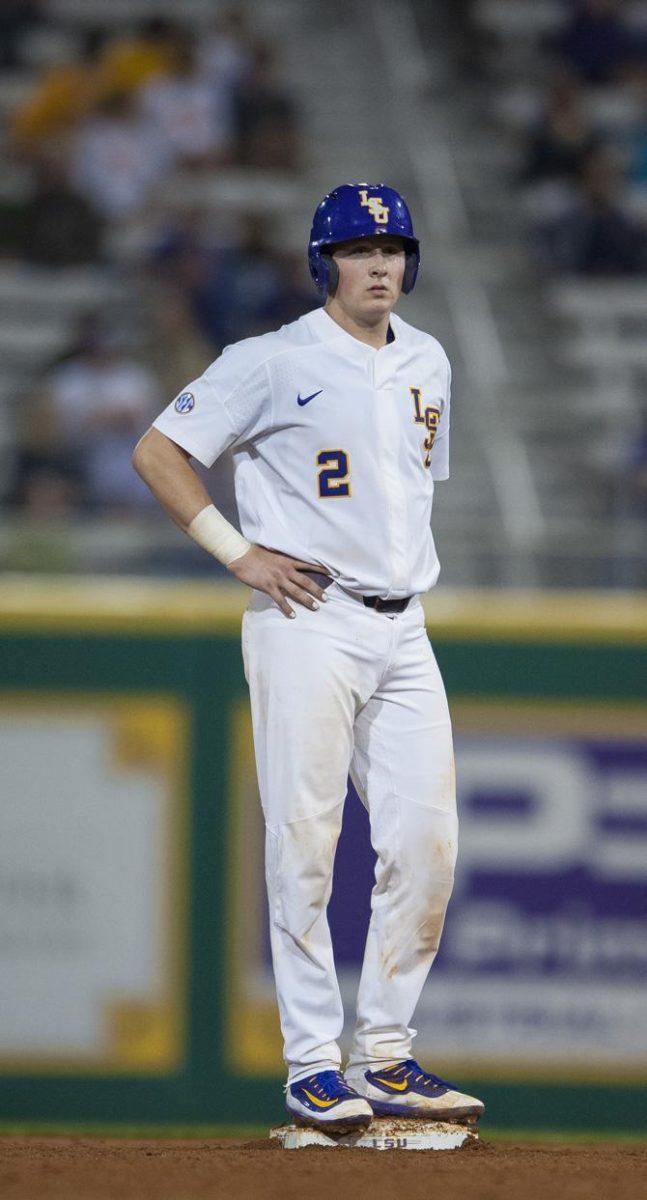 LSU junior catcher Michael Papierski (2) waits on base on Friday, Feb. 24, 2017, during the Tigers 6-1 victory over Maryland at Alex Box Stadium.