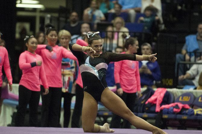 LSU all-around senior gymnast Ashleigh Gnat performs her floor routine during the Tigers' 197.475-192.625 victory over Texas Women's University on Friday, Jan. 20, 2017, in the Pete Maravich Assembly Center.