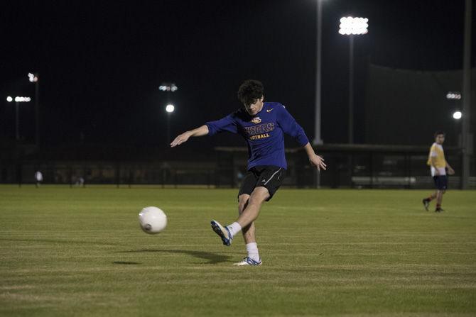 LSU finance sophomore Tyler Henne shoots the ball at practice on Monday, Feb. 6, 2017 at the LSU UREC Field Complex.