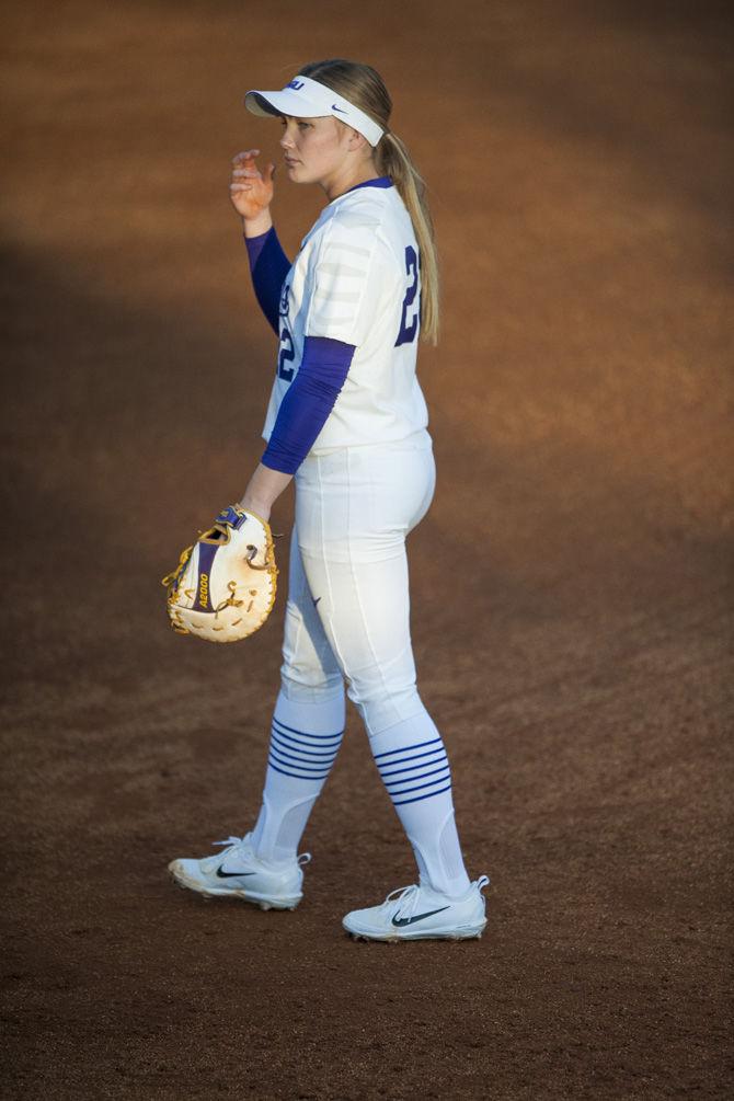 LSU freshman infielder Amanda Doyle (22) waits at first base during the Tigers&#8217; 14-2 victory over OSU on Friday, Feb. 10, 2017, in Tiger Park.