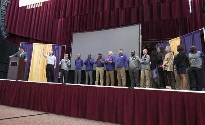 LSU head coach Ed Orgeron introduces his 2017 coaching staff at Belle of Baton Rouge Casino &amp; Hotel on Feb. 1, 2017.