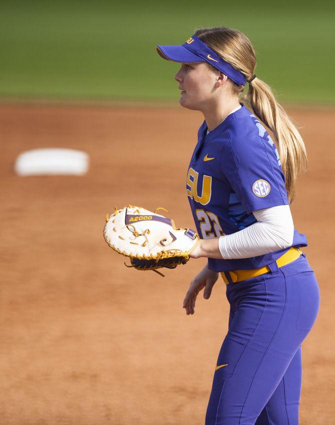 LSU freshman infielder Amanda Doyle (22) prepares to catch a hit on first base during the Tigers&#8217; 10-1 victory over Georgia Southern University on Saturday, Feb. 18, 2017, at Tiger Park.