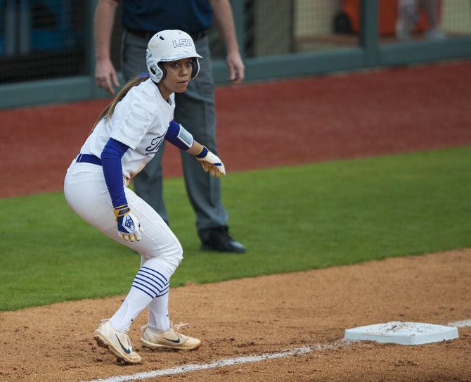 LSU senior catcher and infielder Sahvanna Jaquish (2) runs back to third base during the Tigers&#8217; 14-2 victory over OSU on Friday, Feb. 10, 2017, in Tiger Park.