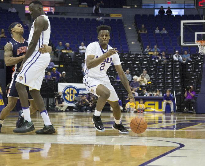 LSU sophomore guard Antonio Blakeney (2) dribbles the ball during the Tigers' 98-75 loss to Auburn on Tuesday, Feb. 21, 2017 in the Pete Maravich Assembly Center.