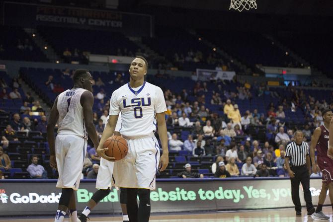 LSU sophomore guard Brandon Sampson (0) holds the ball after a play during the Tigers' 88-63 loss to South Carolina on Wednesday, Feb. 1, 2017 at the Pete Maravich Assembly Center.