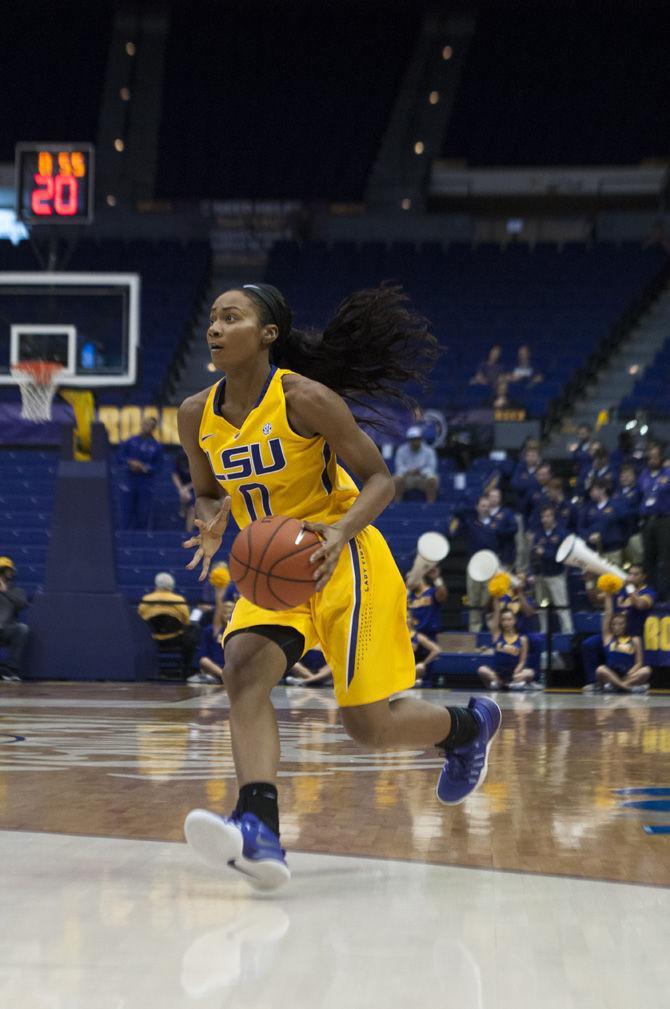 LSU sophomore guard Chloe Jackson (0) dribbles the ball during the Tigers' 42-55 loss to the University of Kentucky on Thursday, Jan. 19, 2017 in the Pete Maravich Assembly Center.