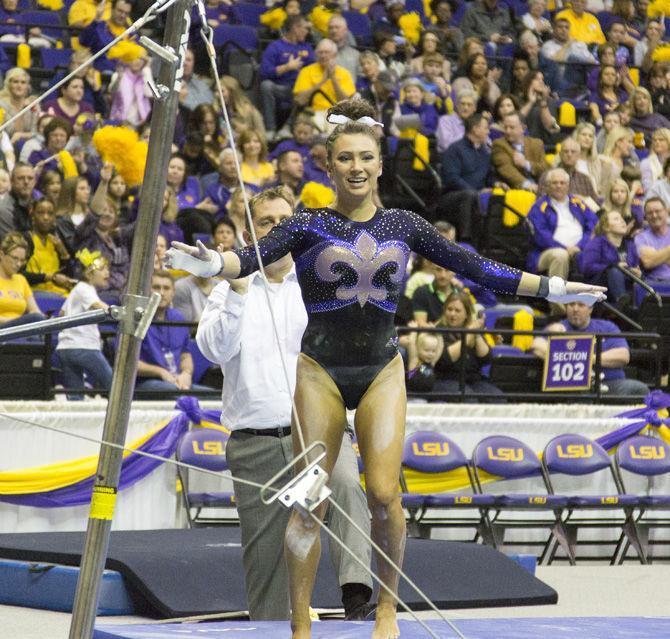 LSU senior Shae Zamardi celebrates during the Tigers 197.425-195.425 win over Missouri on Friday, Feb. 3, 2017, in the Pete Maravich Assembly Center.