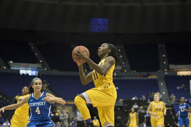 LSU junior guard Raigyne Moncrief (11) jumps for a layup during the Lady&#160;Tigers' 42-55 loss to the University of Kentucky on Thursday, Jan. 19, 2017 in the Pete Maravich Assembly Center.