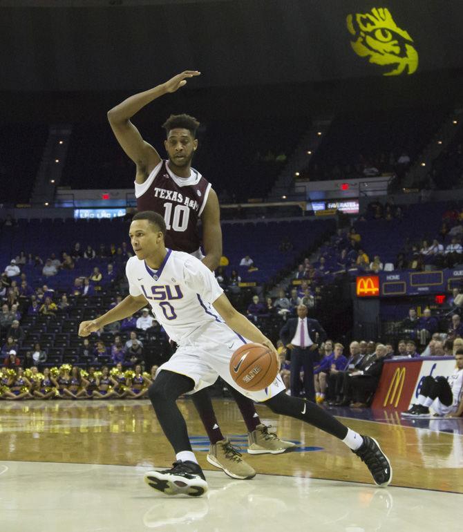 LSU sophomore guard Brandon Sampson (0)&#160;dribbles the ball during the Tigers' 85-73 loss to Texas A&amp;M on Saturday, Feb. 4, 2017 at the Pete Maravich Assembly Center.