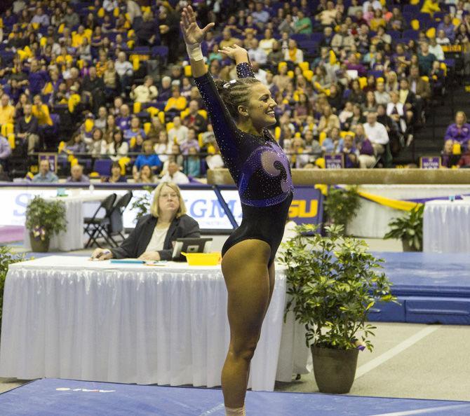 LSU sophomore Lexie Priessman celebrates during the Tigers' 197.425-195.425 win over Missouri on Friday, Feb. 3, 2017, in the Pete Maravich Assembly Center.