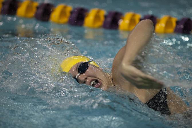 LSU senior swimmer Kara Kopcso competes in the Girls 100 Yard Freestyle in the Tigers' sweep over Houston, Rice and Tulane on Saturday, Jan. 28, 2017, in the Natatorium.