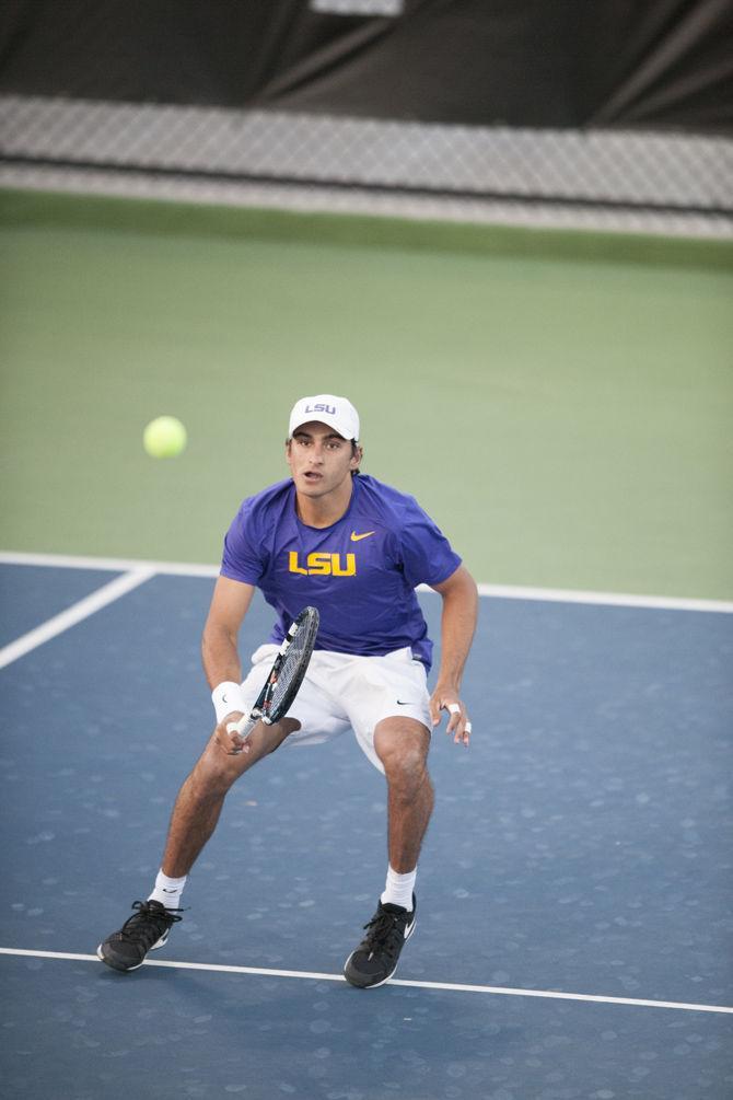 LSU senior Justin Butsch returns the ball during the Tigers' 3-4 loss to Santa Clara at the LSU Tennis Complex on Friday, Feb. 3, 2017.