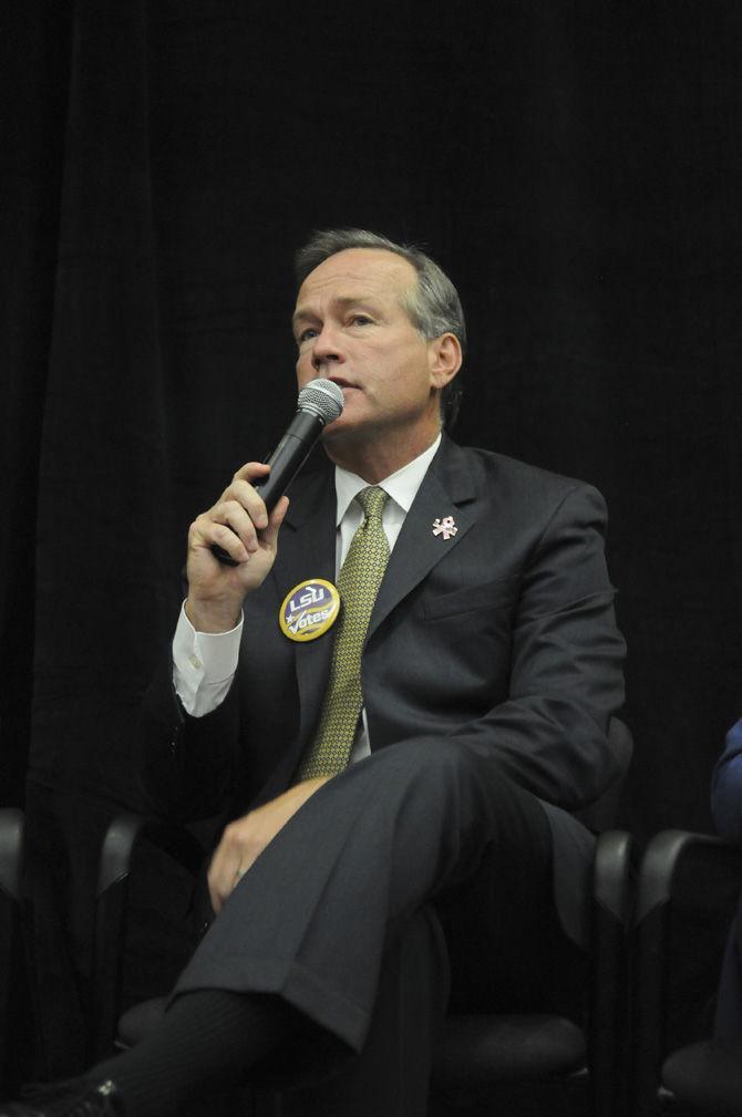 LSU President F. King Alexander answering questions on Oct. 4, 2016 in the Dalton J. Woods Auditorium of the Energy, Coast, and Environment Building.