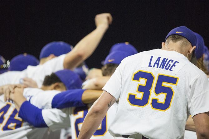 LSU junior right-handed pitcher Alex Lange (35) on Friday, Feb. 24, 2017, before the Tigers 6-1 victory over Maryland at Alex Box Stadium.