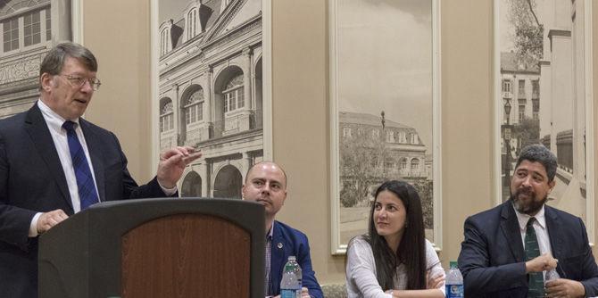 Political science professor, James R. Stoner, Jr. speaks during Castro&#8217;s Legacy and the Future of Cuba panel on Wednesday, March 8, 2017 in the Student Union.