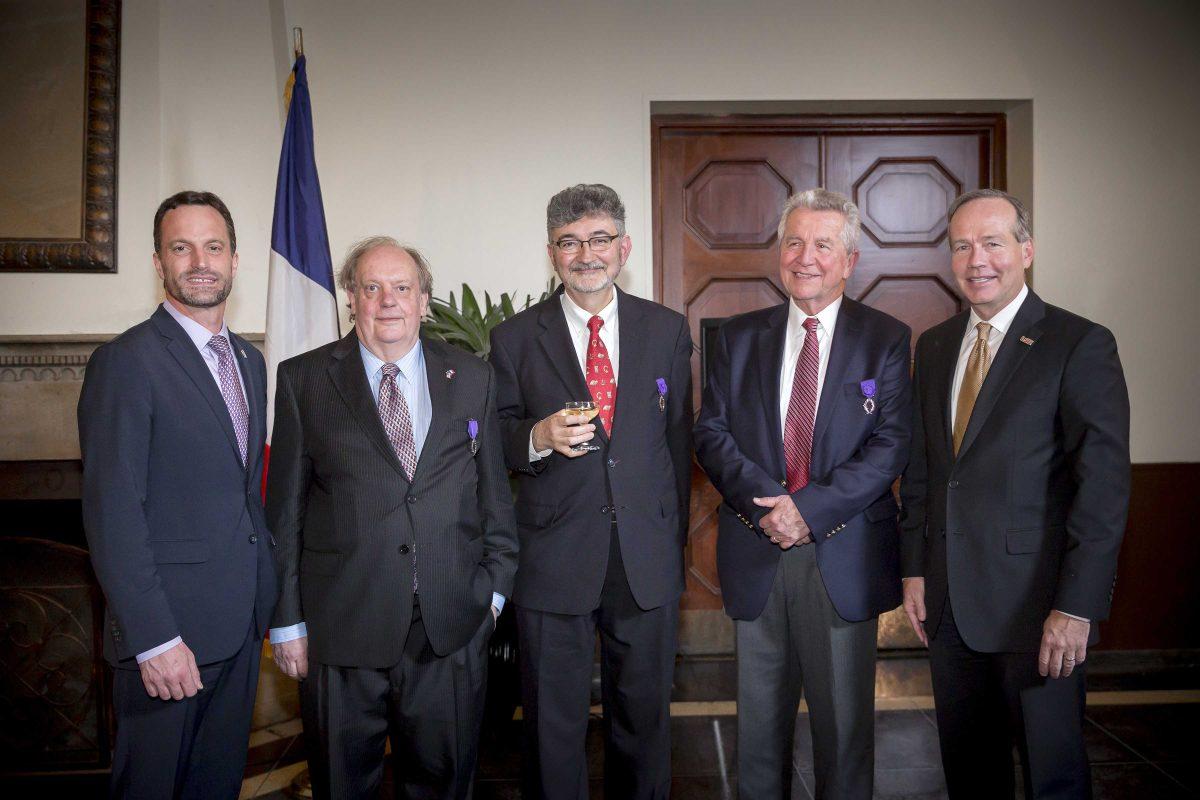 (left to right) The Consul G&#233;n&#233;ral de France Monsieur Gr&#233;gor Trumel, Professor Alexandre Leupin, Professor Olivier Mor&#233;teau, Dean Alcibiades Tsolakis, President F King Alexander