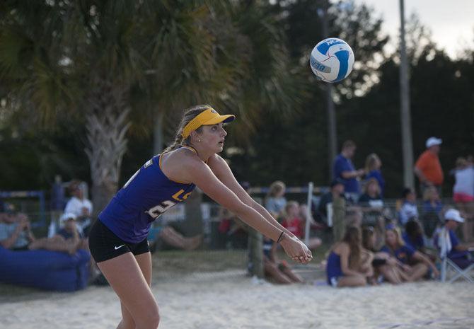 LSU freshman Olivia Powers (25) passes the ball during the Tigers' 4-1 victory over UNF in the Tiger Beach Challenge on Sunday, March 19, 2017, at Mango's Beach Volleyball Club.