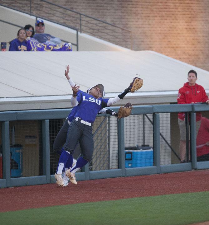 LSU sophomore infielder Shemiah Sanchez (23) catches a fly ball during the Tigers’ 10-2 victory over ISU on Friday, March 3, 2017, at Tiger Park.