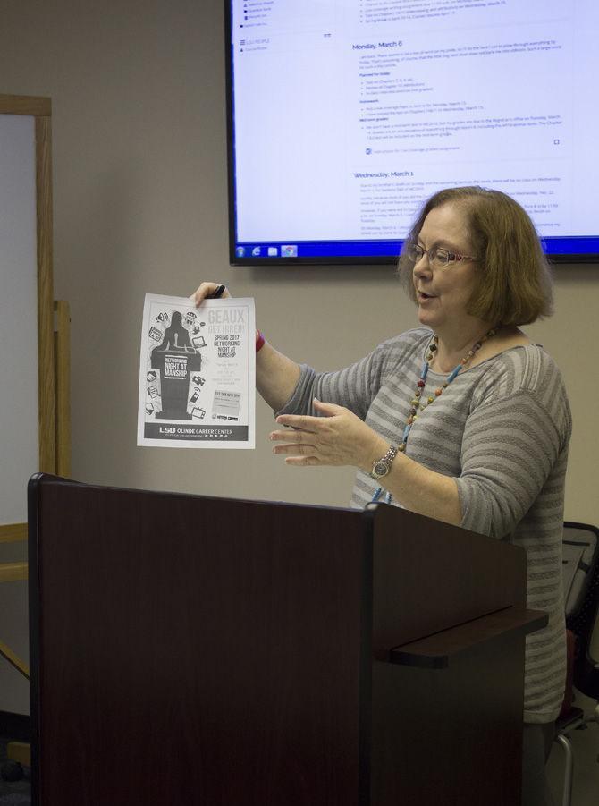 University professor Freda Dunne teaches a media writing class on Monday, March 6, 2017, in Hodges Hall.