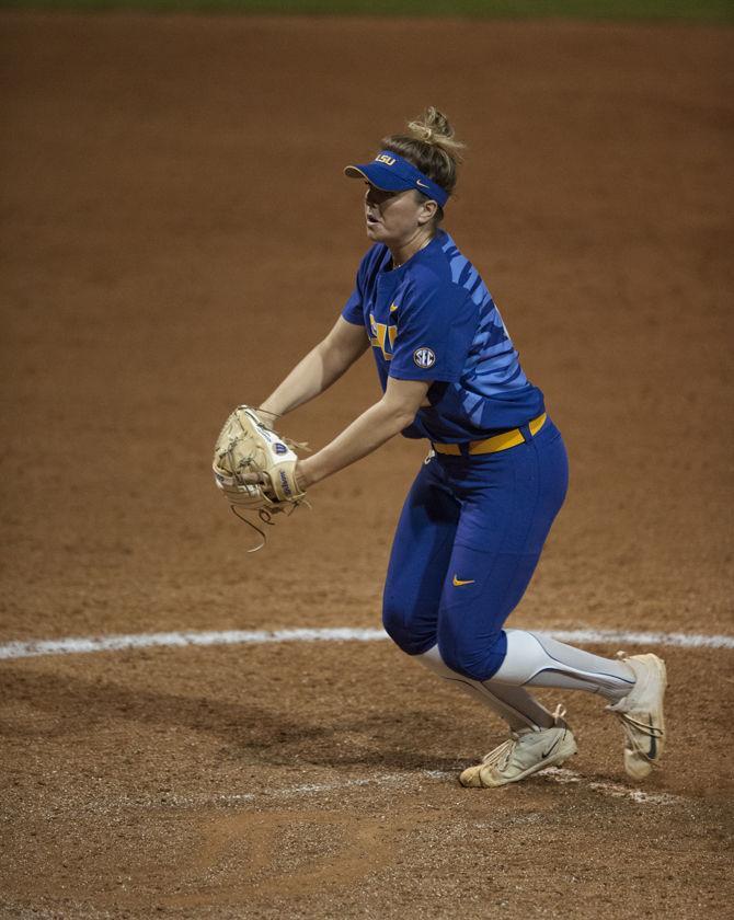 LSU junior pitcher Carley Hoover (21) pitches during the Tigers' 3-0 loss to Minnesota on Saturday, March 4, 2017 at Tiger Park.