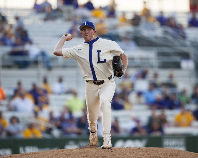 LSU freshman pitcher Zack Hess (38) throws the ball on Tuesday, March 28, 2017, during the Tigers&#8217; 7-6 loss to Tulane at Alex Box Stadium.