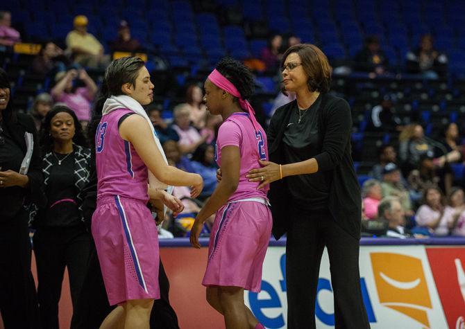 LSU head coach Nikki Fargas sees to sophomore guard Shanice Norton (2) and senior guard Rina Hill (13) during the Lady Tigers' 67-63 victory over Texas A&amp;M on Thursday, Feb. 16, 2017 in the PMAC.