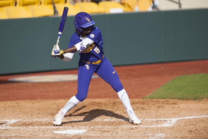 LSU senior infielder Constance Quinn (5) bats at Tiger Park on Saturday, Feb. 18, 2017, during the Tigers&#8217; 10-1 victory over Georgia Southern University.