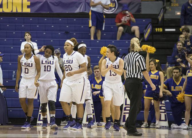 The LSU Tigers rest before the ball is passed into play during the Tigers' 84-61 loss to the University of South Carolina on Sunday, Jan. 15, 2017 in the Pete Maravich Assembly Center.