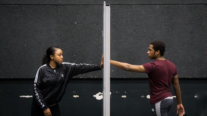 Theater sophomore Casey Wortham (left) and Theater junior Skye Bocage (right) rehearse for &#8220;Too Much Light Makes the Baby Go Blind&#8221; theater on Friday, March 17, 2017, in the Music and Dramatic Arts Building.