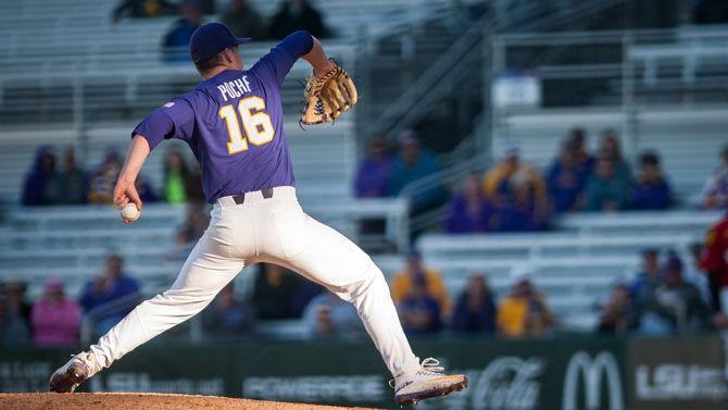 LSU senior left-handed pitcher Jared Poche&#8217; (16) throws the ball on Saturday, Feb. 25, 2017, during the Tigers&#8217; 14-0 win against Maryland at Alex Box Stadium.