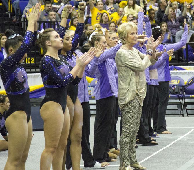 LSU Head coach D-D Breaux celebrates with her team during the Tigers 197.425-195.425 win over Missouri on Friday, Feb. 3, 2017, in the Pete Maravich Assembly Center.