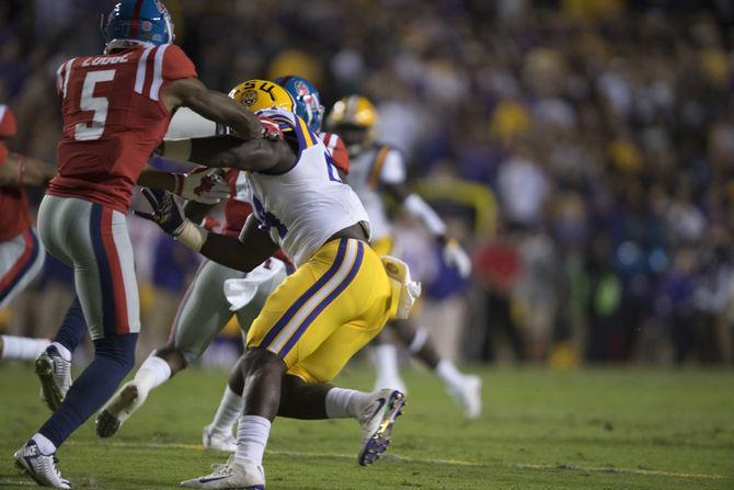 LSU freshman linebacker Devin White (24) butting heads with Ole Miss sophomore wide reciver DaMarkus Lodge (5) on Saturday Oct. 22, 2016 during the Tigers' 38-21 victory over the Rebels at Tiger Stadium.