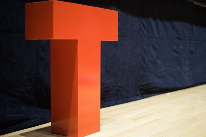 A large "T" set out on stage for the TEDxLSU event on Wednesday, March 8, 2017 at the Student Union Theater.