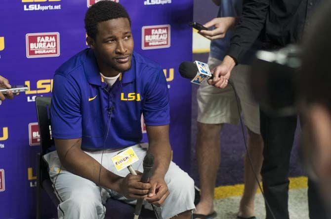 LSU junior quarterback Brandon Harris speaks and answers questions asked by the media on Tuesday March 15, 2016, in the football indoor practice facility.