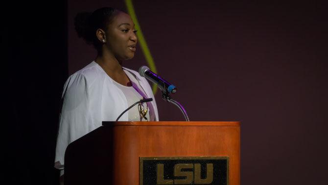 Black Student Union president&#160;Destinee Merida receives the &#8220;Afro Activism Award&#8221; on Thursday, Mar. 2, 2017, in the Union Theater.