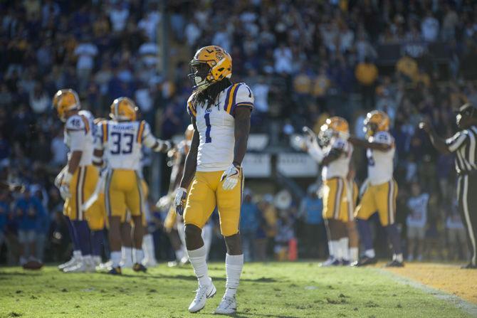 LSU sophomore defensive back Donte Jackson (1) getting ready at the line of scrimmage during Tigers' 16-10 Loss against University of Florida on Nov. 19, 2016, at Death Valley.