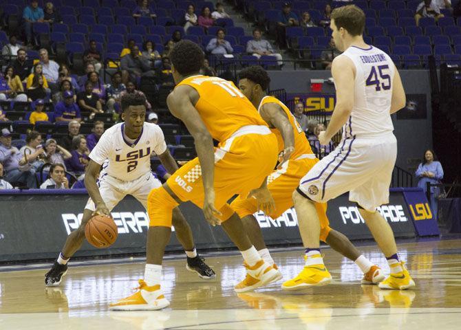 LSU sophomore guard Antonio Blakeney (2) dribbles the ball during the Tigers' 92-82 win to Tennessee on Wednesday, March 1, 2017, in the PMAC.