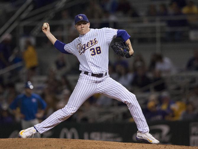 LSU freshman right-handed pitcher Zack Hess (38) throws a pitch during the Tigers' 8-1 victory against Hofstra on Wednesday, Feb. 22, 2017, at Alex Box Stadium.