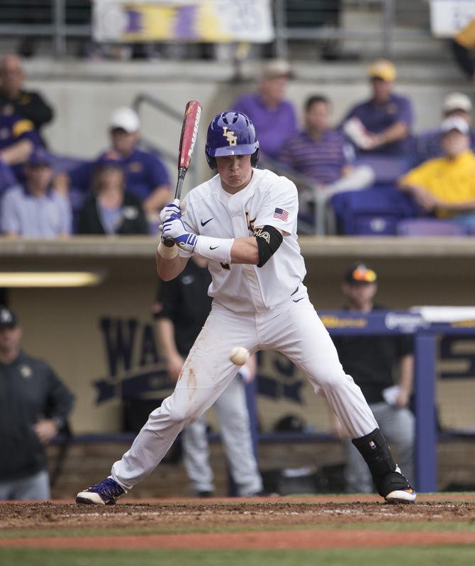 LSU junior catcher Michael Papierski (2) watches a pitch during the Tigers' 9-0 win against Army on Saturday, Feb. 18, 2017 at Alex Box Stadium.