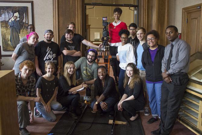 Members of the film and TV concentration of the theatre department work on their short film on Sunday, March 12, 2017, in Hill Memorial Library.