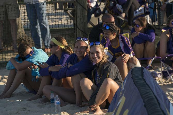 LSU Beach Volleyball players support their teammates during the Tigers' 5-0 defeat against Florida St. on Saturday, Apr. 02, 2016 at Mango's Beach Volleyball Club.