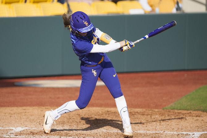 LSU sophomore infielder Amber Serrett (17) swings and hits a pitch during the Tigers&#8217; 10-1 victory over Georgia Southern University on Saturday, Feb. 18, 2017, at Tiger Park.