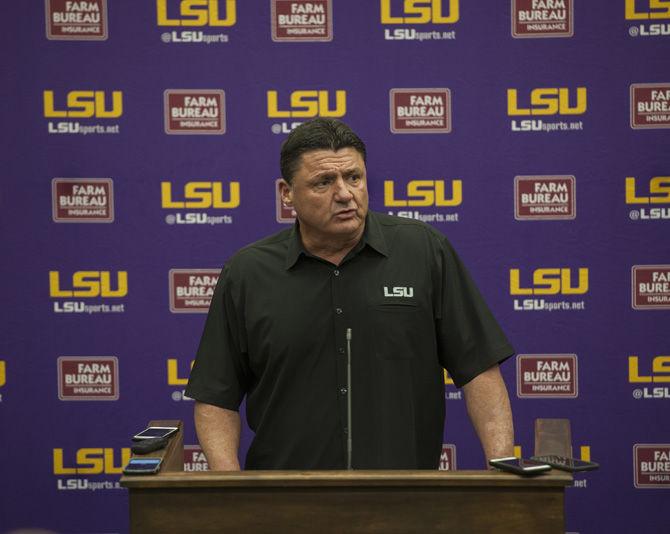 LSU coach Ed Orgeron discusses spring football on Tuesday, March 7, 2017 at the Football Operations Center.