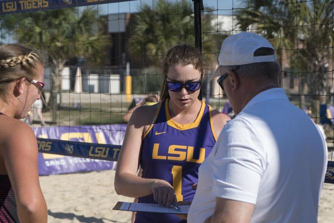 LSU sophomore Riley Young (1) prepares for the match during the Tigers' 5-0 defeat against Florida St. on Saturday, Apr. 02, 2016 at Mango's Beach Volleyball Club.