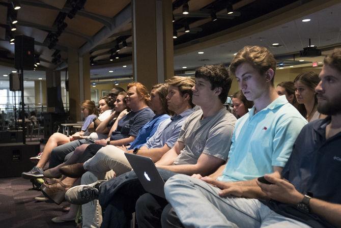 Candidates listen as election results are announced on Wednesday, March 29, 2017, in the Live Oak Lounge in the Student Union.