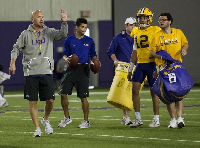 LSU offensive coordinator Matt Canada directs offensive players during the spring football practice on Thursday, March 30, 2017 at the Charles McClendon LSU football practice facility.