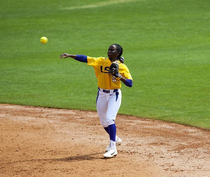 LSU senior infielder Constance Quinn (5) throws the ball during the Tigers&#8217; 2-0 victory over Georgia on Sunday, March 26, 2017, at Tiger Park.