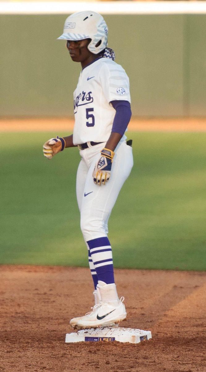 <p>LSU senior infielder Constance Quinn (5) waits at second base during the Tigers’ 6-3 loss to Tennessee on Friday, April 21 2017, at Tiger Park.</p>