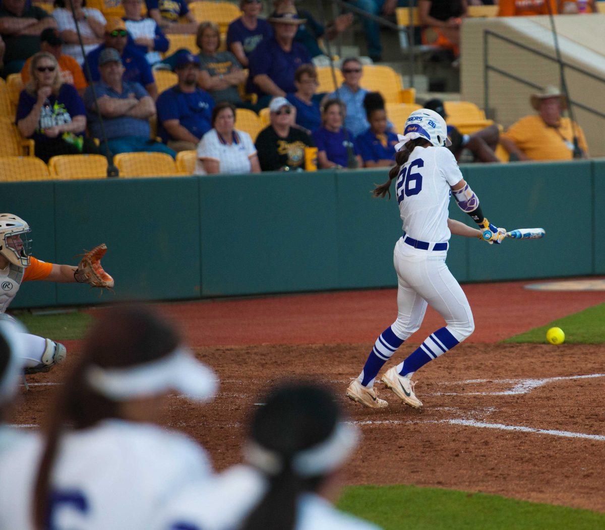 LSU senior outfielder Bailey Landry (26) hits the ball during the Tigers&#8217; 6-3 loss to Tennessee on Friday, April 21 2017, at Tiger Park.